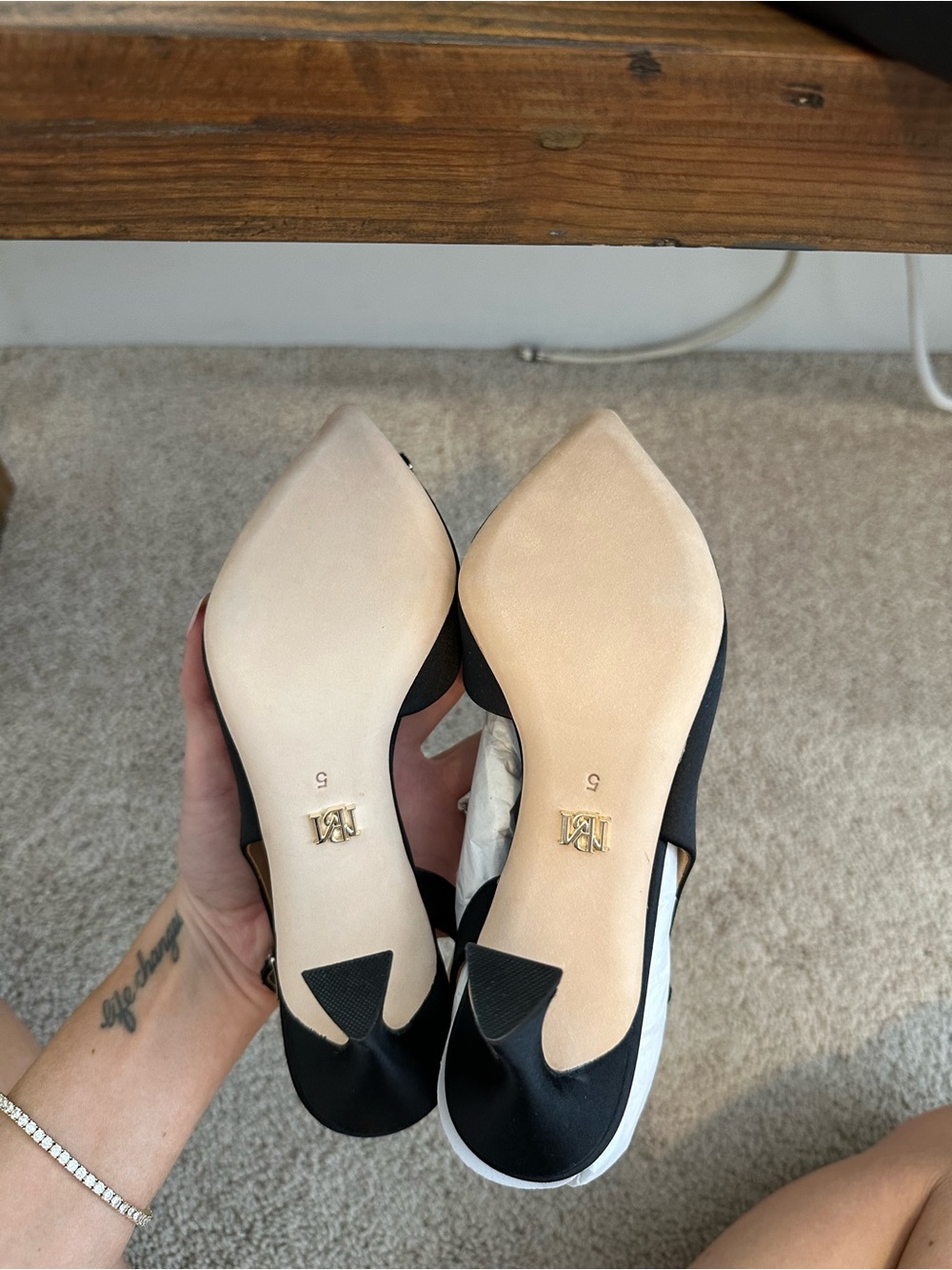 Badgley Mischka Black Satin Slingback Heels with Crystal Buckle - Picture 5 of 5